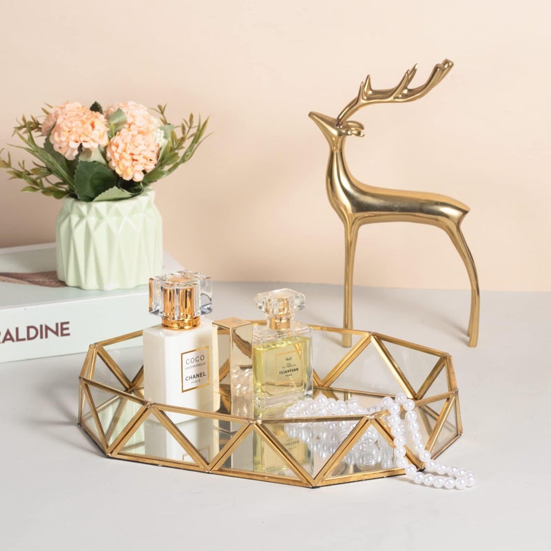 Feyarl Gold Glass Perfume Tray Mirror Vanity Jewelry Trinket Organizer Tray Ornate Cosmetic Makeup Display Geometric Shape Decorative Tray for Bathroom Home Decor Dresser Tabletop Countertop (11inch) - Image 5